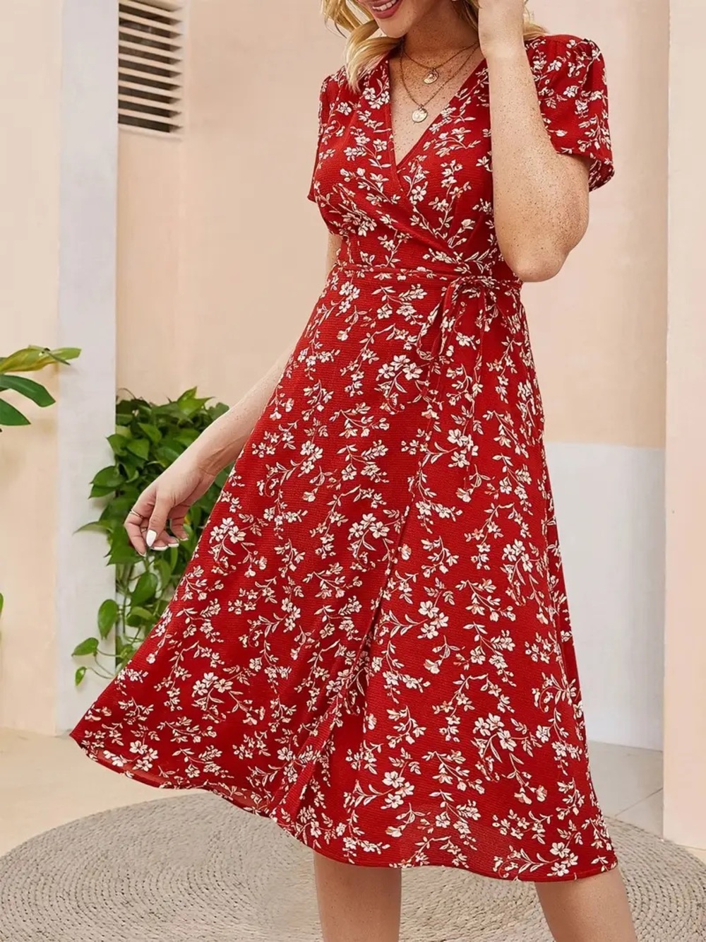 SHEIN Red Floral Adjustable Wrap Midi Flutter Sleeves Dress Sz XS